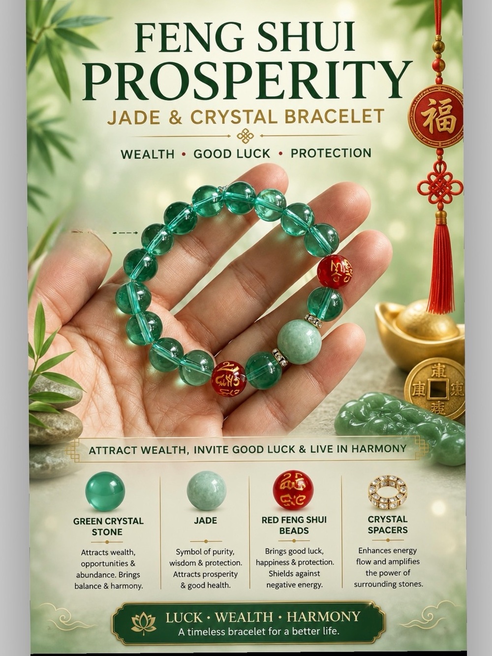 Feng Shui Prosperity Green Jade & Crystal Bracelet